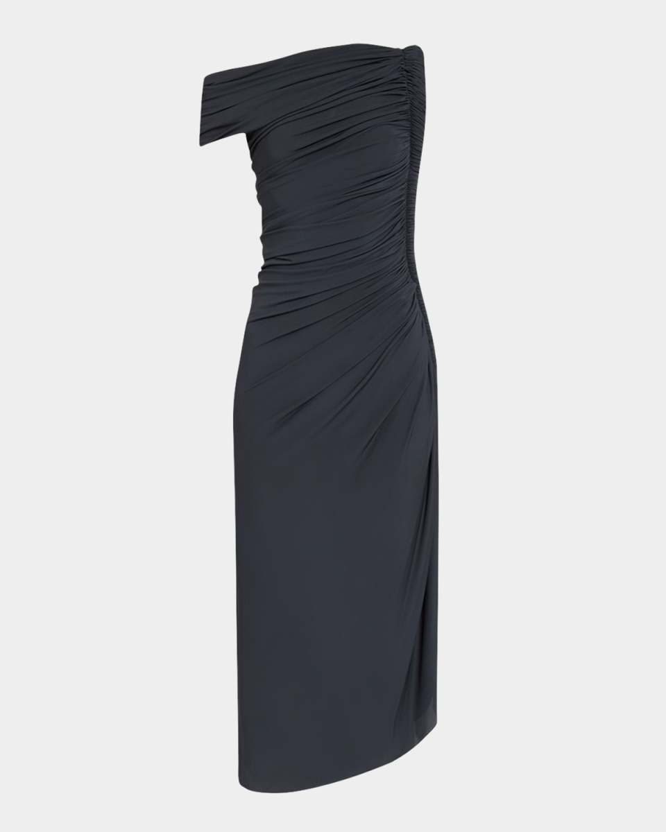 Asymmetric Ruched Off-Shoulder Midi Dress